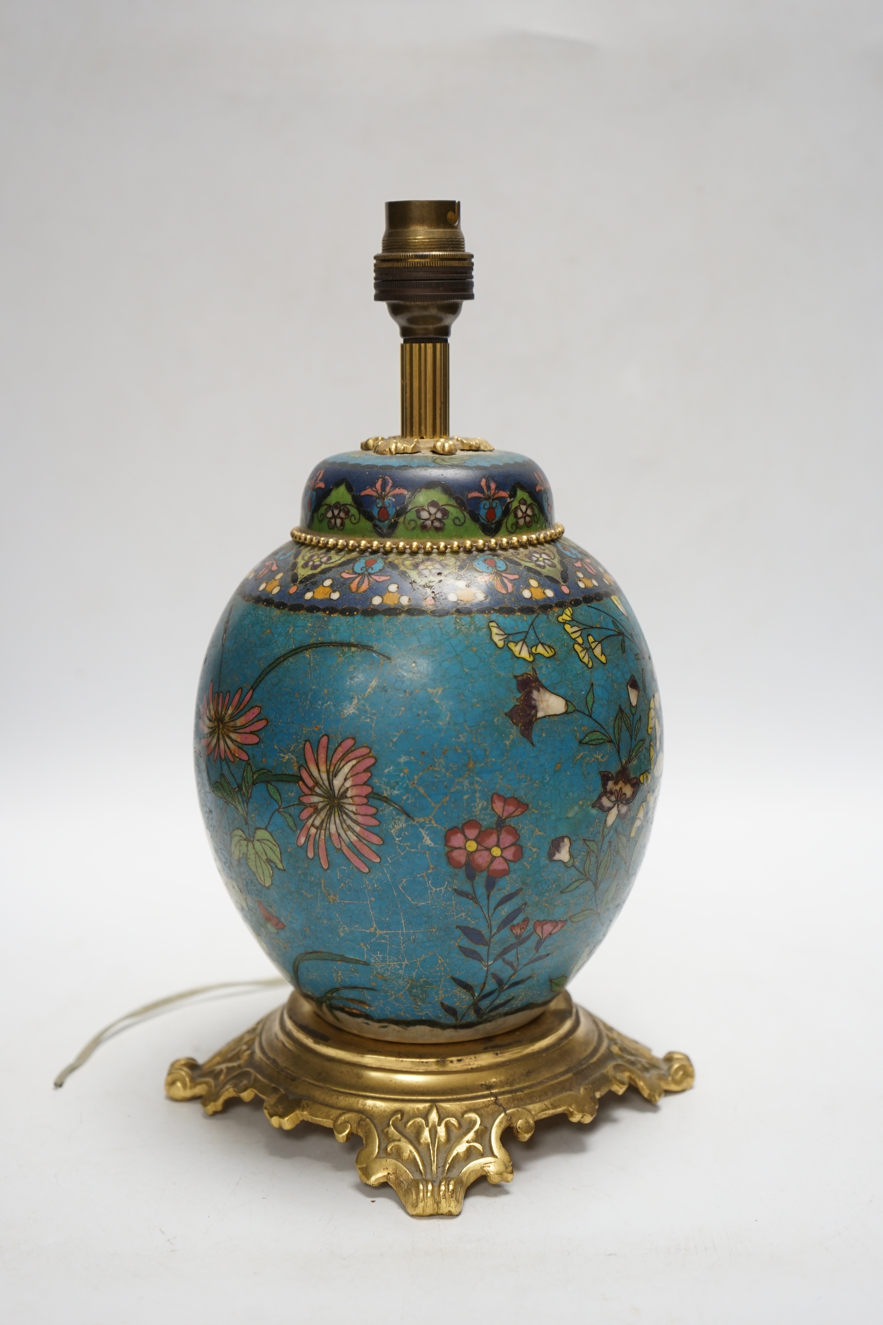 A Japanese ceramic cloisonné jar, mounted as a lamp, 30cm total